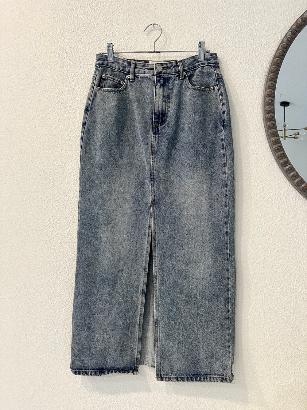 Blue Denim Front Slit Midi Skirt